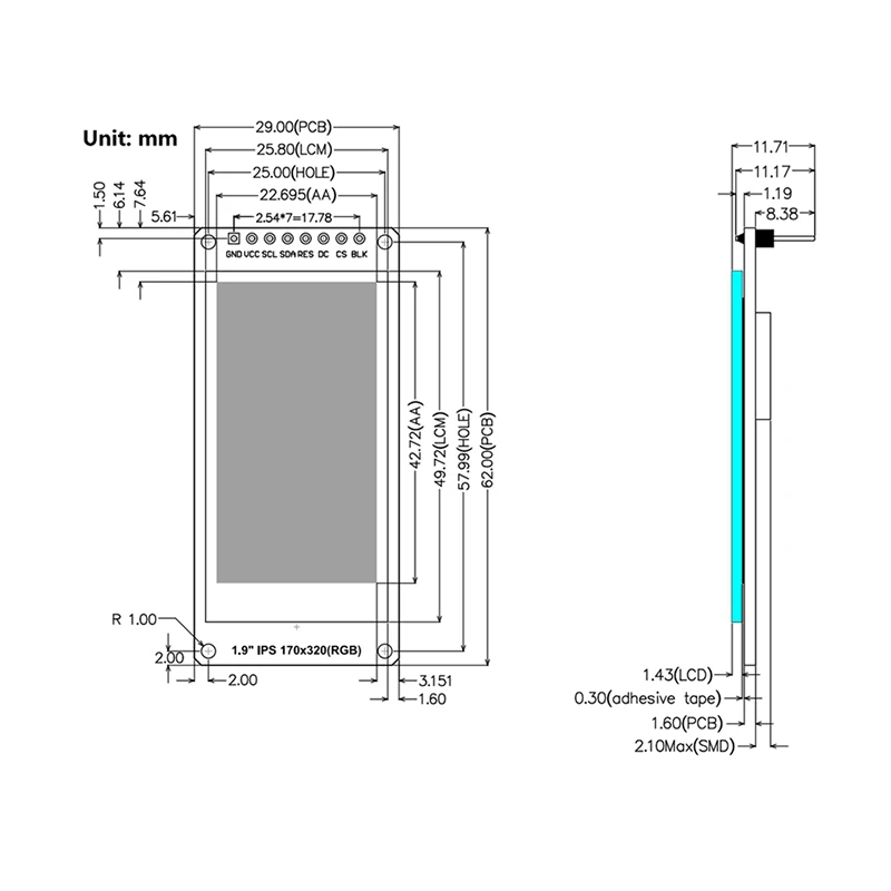 Pantalla TFT de ángulo completo IPS de 1,9 pulgadas, módulo de pantalla LCD a Color, puerto serie SPI, alta definición, 170x320, ST7789 IC - imagen 2
