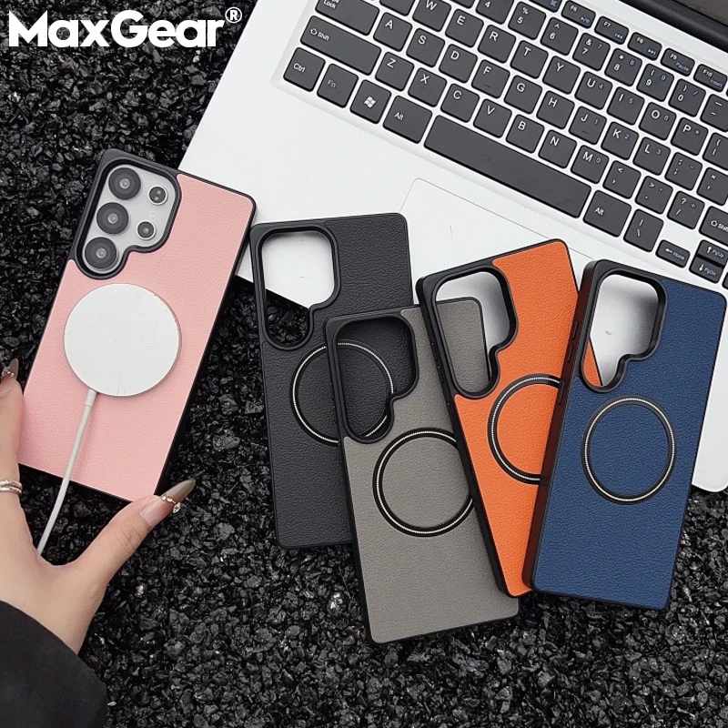 Funda magnética de carga inalámbrica de cuero suave mate de lujo para Samsung Galaxy S25 S24 FE S23 Plus S22 Ultra TPU