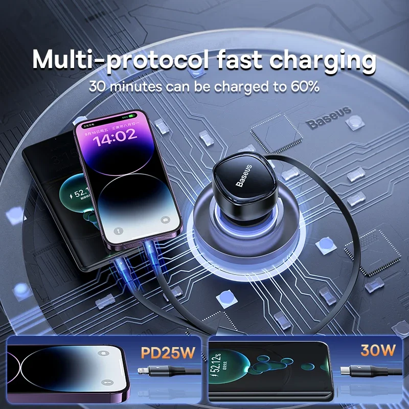 Cargador de coche Baseus 2 en 1 PD 20W Cable retráctil de carga rápida 30W 33W cargador de teléfono de carga rápida tipo C para Xiaomi iPhone - imagen 5