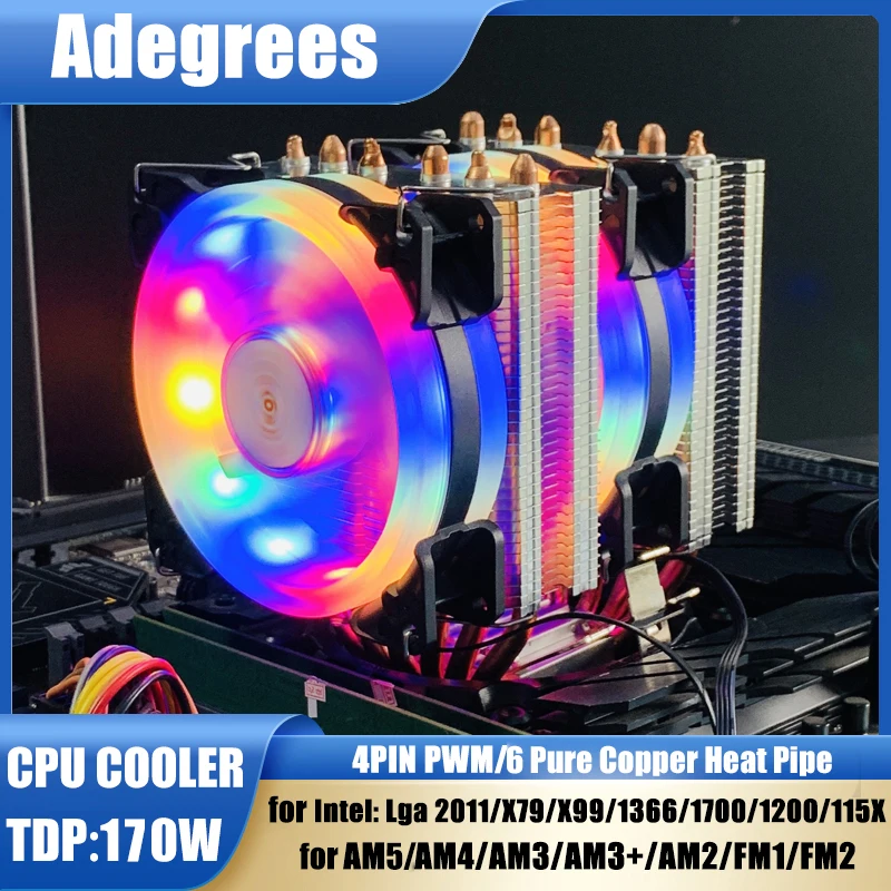 Enfriador de CPU, 6 tubos de calor, radiador de PC, 4 pines, PWM, ventilador de refrigeración Rgb silencioso para Intel 1700 1150 1155 1156 1366 2011 AM2/AM3/AM4 AMD AM5 - imagen 2