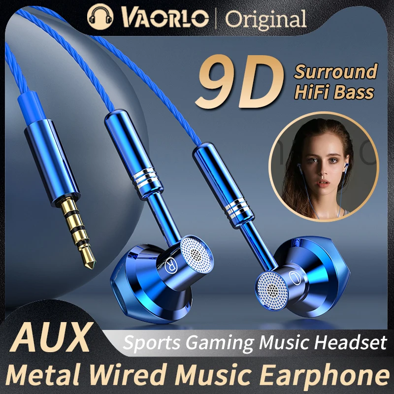 VAORLO Original 9D Metal música auricular envolvente HiFi bajo estéreo deportes Gaming auriculares con micrófono 3,5 MM AUX auriculares internos con cable