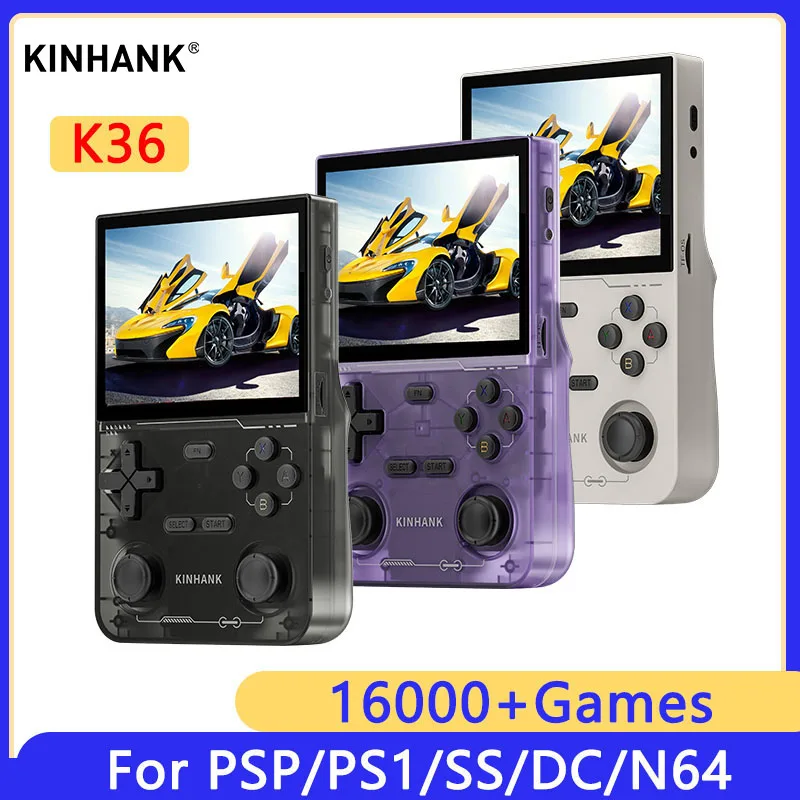 KINHANK K36 Consola de videojuegos portátil retro 500nit Pantalla IPS de 3,5 pulgadas Emulador de 16000 juegos para PS1/PSP/DC/N64/SS
