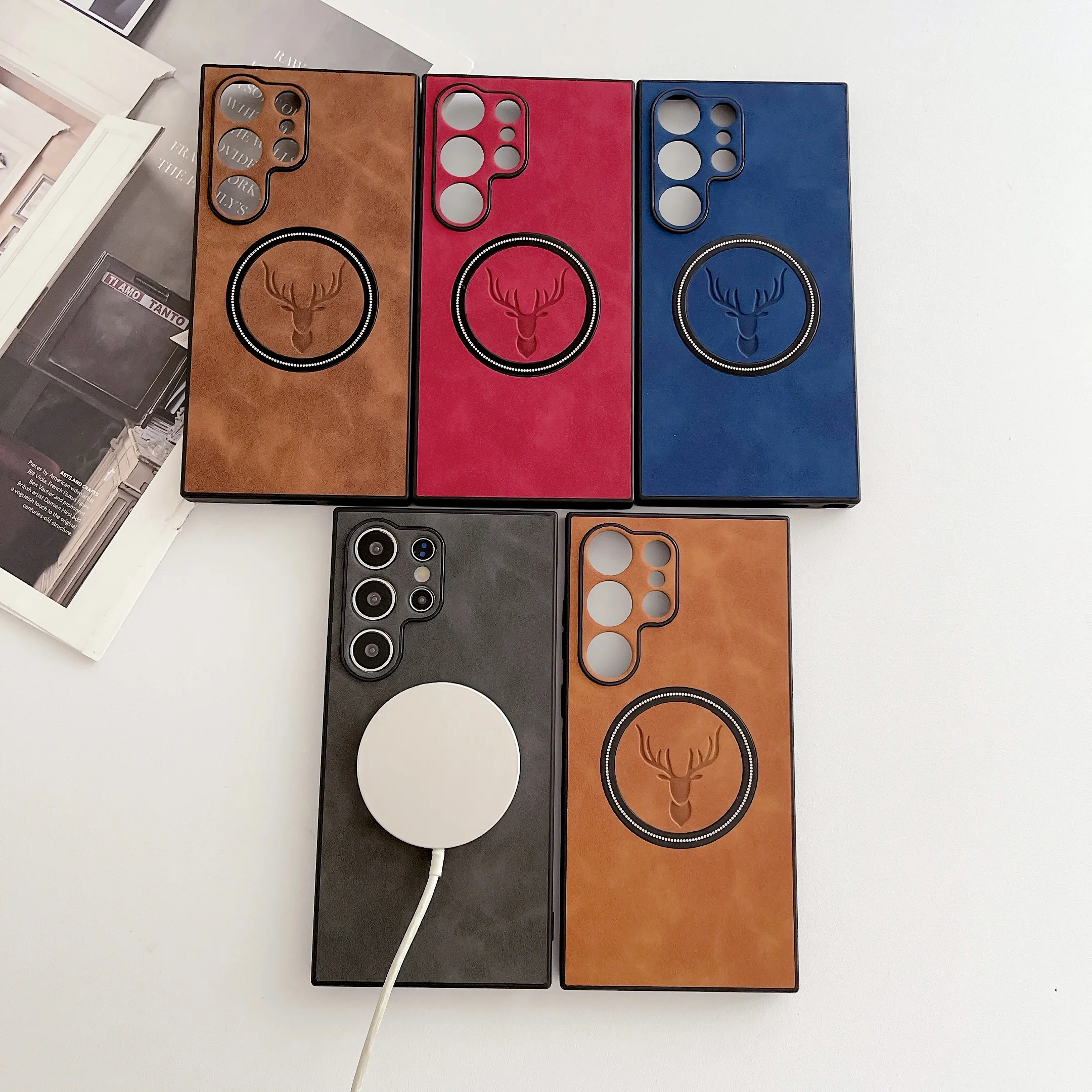 Funda de teléfono de cuero magnético con cabeza de ciervo de piel de oveja de lujo para Samsung S26 Ultra S25 Plus S24 S23 Note20 cubierta de carga inalámbrica - imagen 4