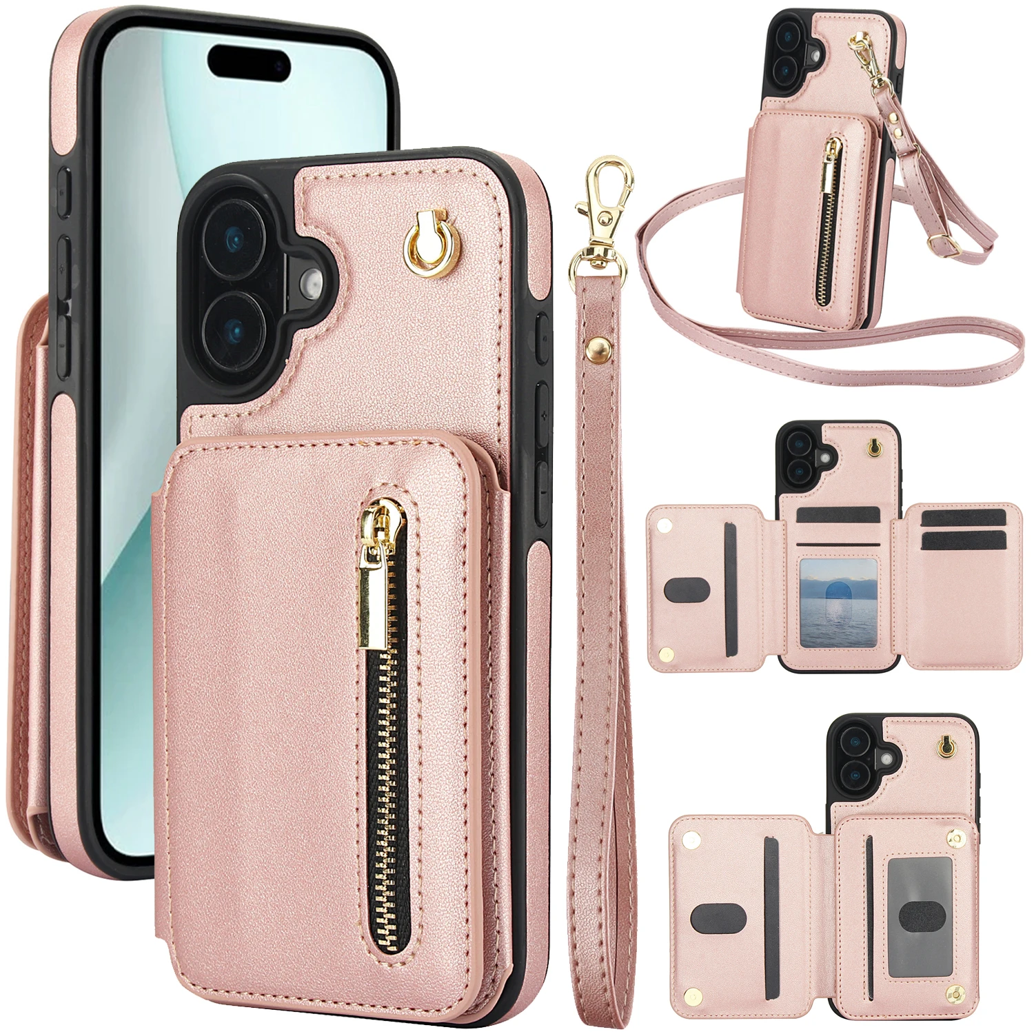 Bandolera con cremallera y correa, tarjetero, funda de teléfono para iPhone 16 Pro Max 15 14 13 12 11, cordón RFID, bolsa con soporte, funda de bolsillo
