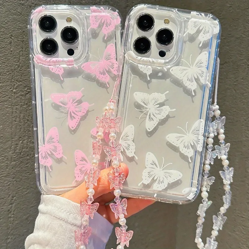 Funda de teléfono con diseño de mariposa para iPhone 17 Air 16 15 14 13 12 11 Pro Max 16E X XR XS Max 7 8 Plus, funda transparente con cordón