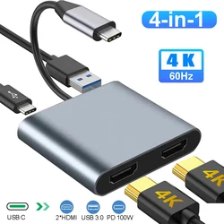 Estación de acoplamiento 4 en 1 USB C HUB 4K @ 60Hz adaptador compatible con HDMI tipo C a HDMI PD100W USB 3,0 HUB USB C divisor para Macbook