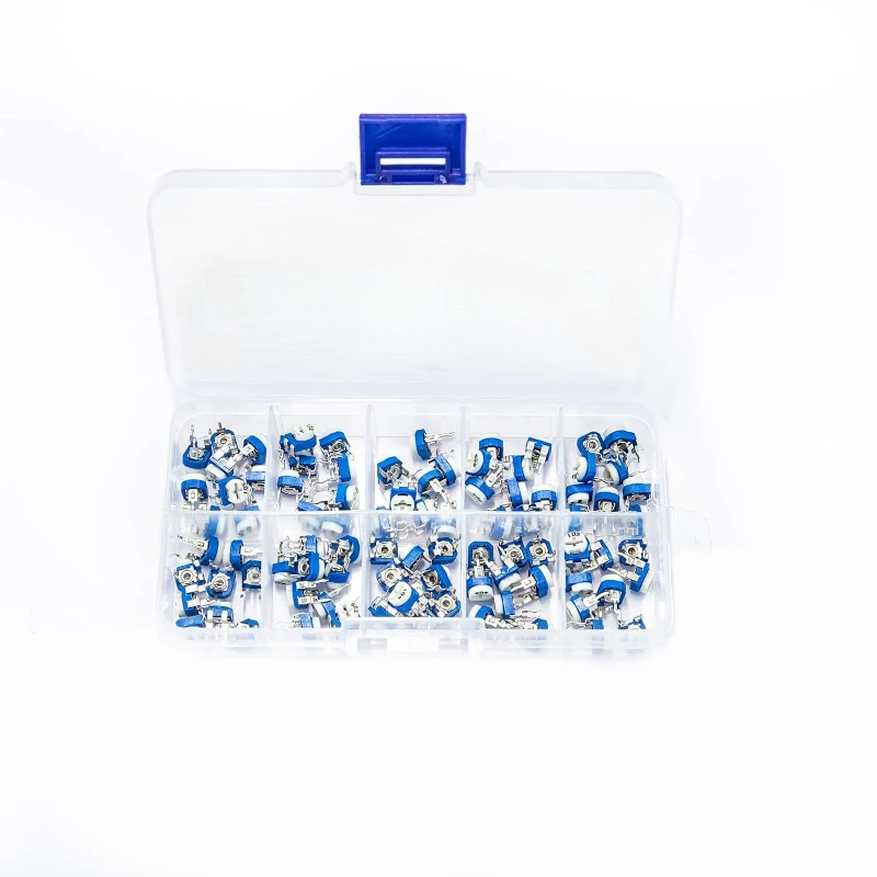 100 Uds Kit de resistencia ajustable azul blanco RM065 10 valores 500ohm-1M Ohm 6mm recortador resistencias variables - imagen 4