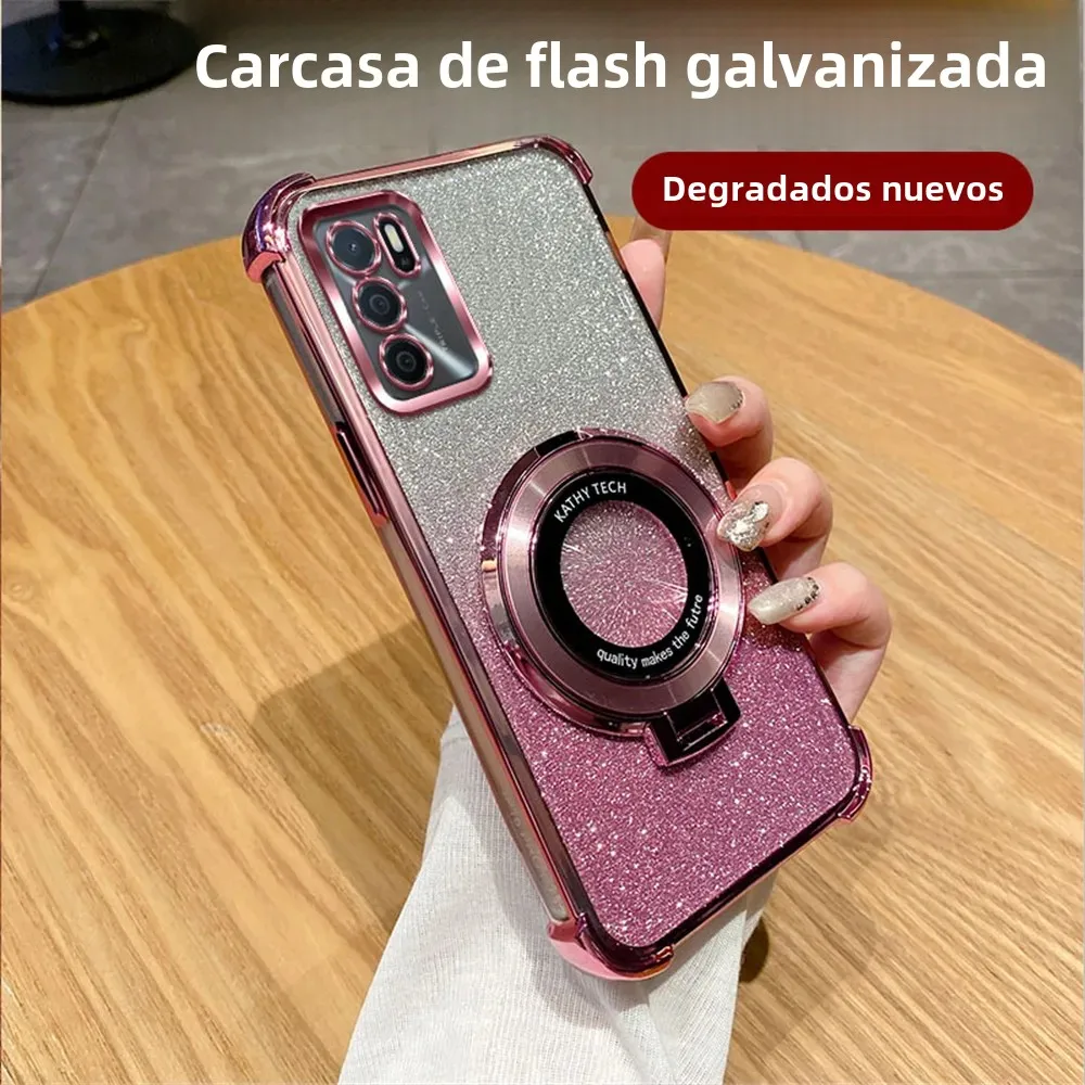 Funda con soporte para teléfono con soporte chapado a prueba de golpes con purpurina para OPPO A16 A16S A17 A15 A53 A36 A76 A5 A9 2020 A54S A53S, funda suave con soporte