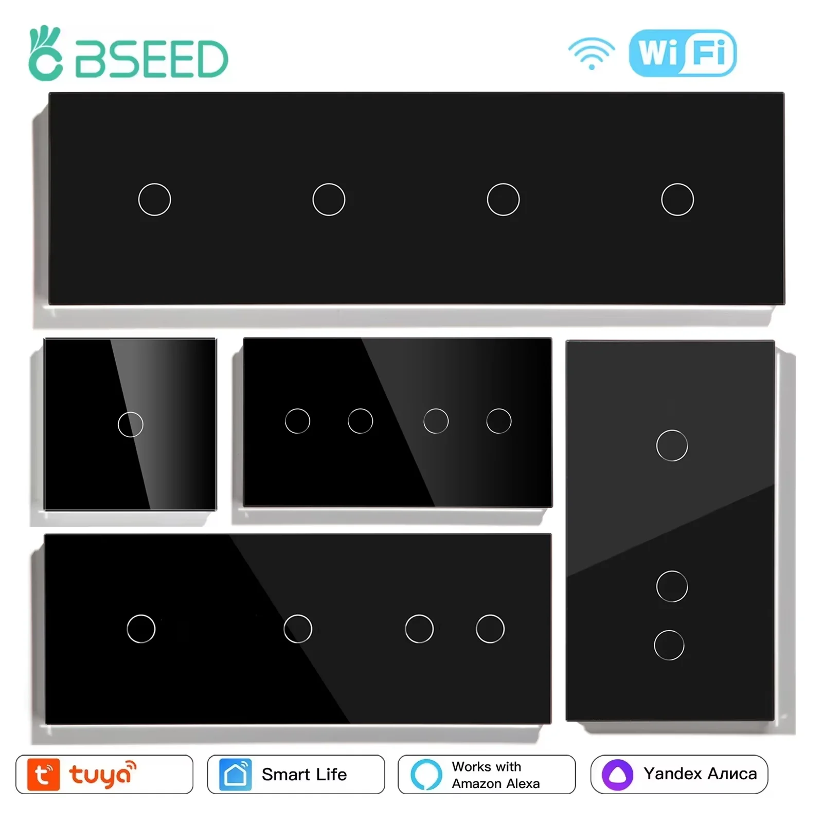 BSEED Wifi 1/2/3 interruptores de luz táctiles interruptores inteligentes dobles 1/2/3 vías Tuya Smart Life Alice Panel de vidrio de Control estándar de la UE