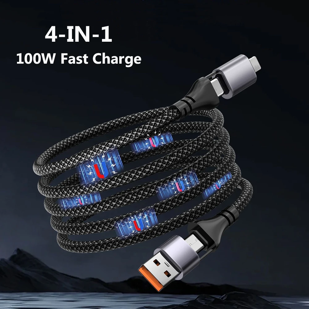 Cable de carga rápida magnética PD100w 4 en 1, Cable trenzado USB C, Cable de carga retráctil antienredos para IPhone, portátil, cargador de coche