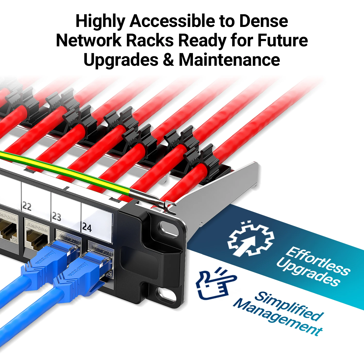 AMPCOM 1U Panel de conexión Keystone STP de 24 puertos, montado en rack con conector Keystone CAT8/7A/7/6A/6 sin herramientas, barra de gestión de cables trasera - imagen 2