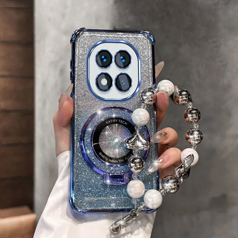 Funda de teléfono con soporte magnético brillante para Xiaomi Redmi Note 14 15 Pro Plus 15 15C 14C 14S 4G 5G, funda de silicona con pulsera de lazo