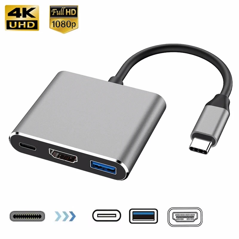 3 en 1 Usb-C Usb Hub macho a hembra Compatible con Hdmi 4k Usb 3,1 tipo C a Usb 3,0 adaptador de carga para Macbook Air 12 convertidor
