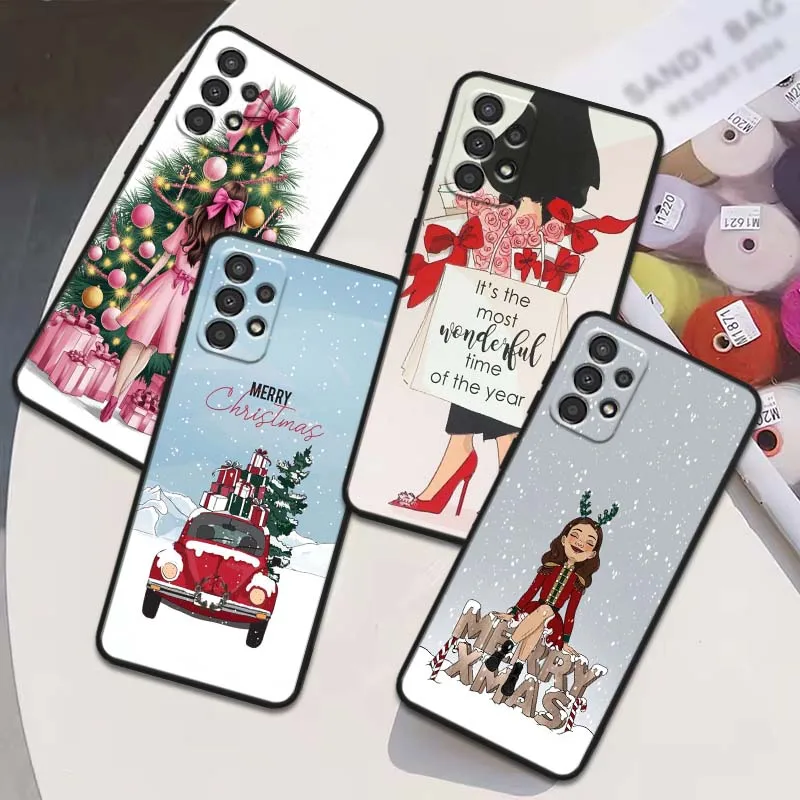 Funda con patrón navideño para niñas, funda negra para Samsung Galaxy A54 A55 A56 A70 A71 A72 A73 J4 J6 M02 M11 M12 5G