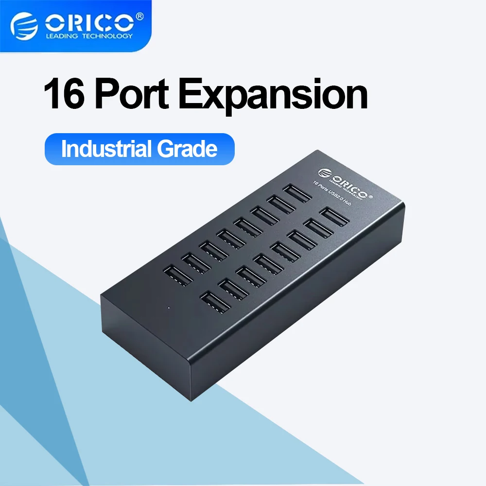 ORICO-Hub USB Industrial de aluminio, divisor USB de 16 puertos, estación de acoplamiento USB con adaptador de corriente de 12V para accesorios de ordenador portátil