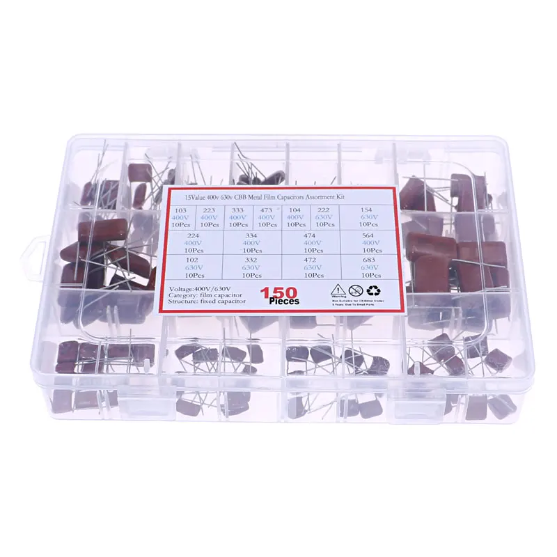 150 Uds 15 valores 400v 630v CBB condensador de película metálica kit de paquete mixto 1NF2.2NF3.3NF4.7NF10NF22NF33NF47NF68NF100NF220NF330NF470NF560NF - imagen 3