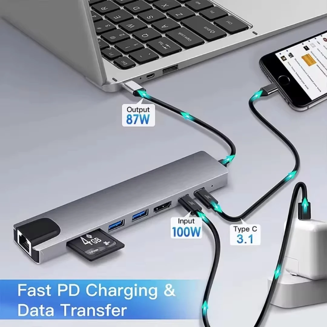 USB C HUB tipo C divisor Thunderbolt 3 estación de acoplamiento adaptador de ordenador portátil con para Macbook Air M1 iPad Pro RJ45 HDTV - imagen 4