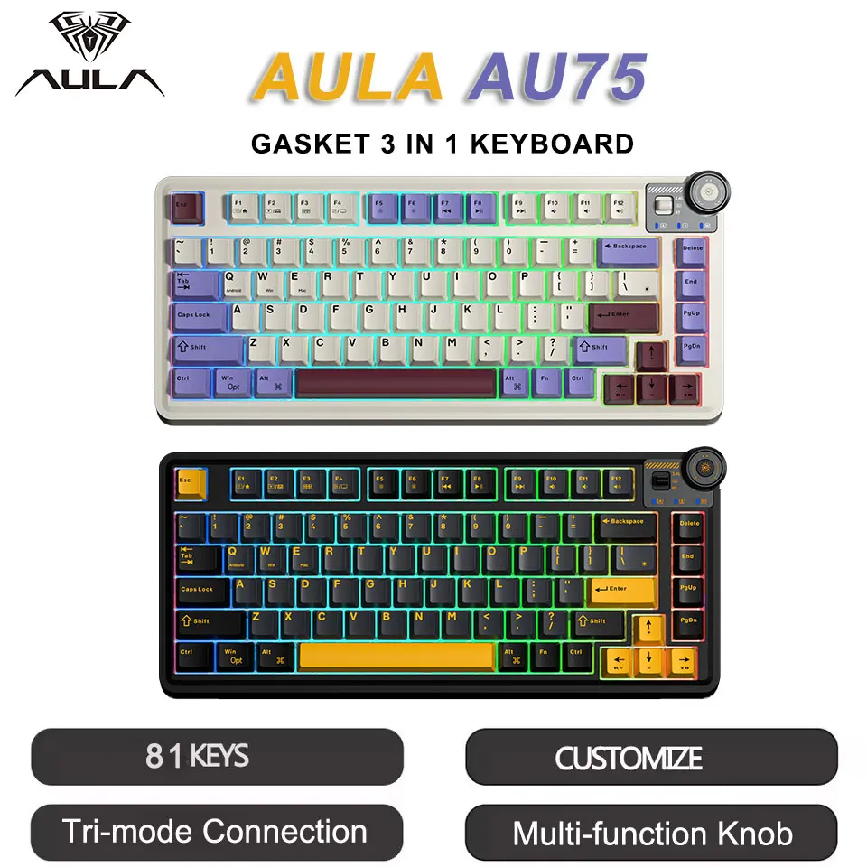 AULA AU75 Teclado mecánico de tres modos 81 teclas intercambiables en caliente RGB Esports teclado para juegos PBT Keycap PC teclado de escritura de escritorio