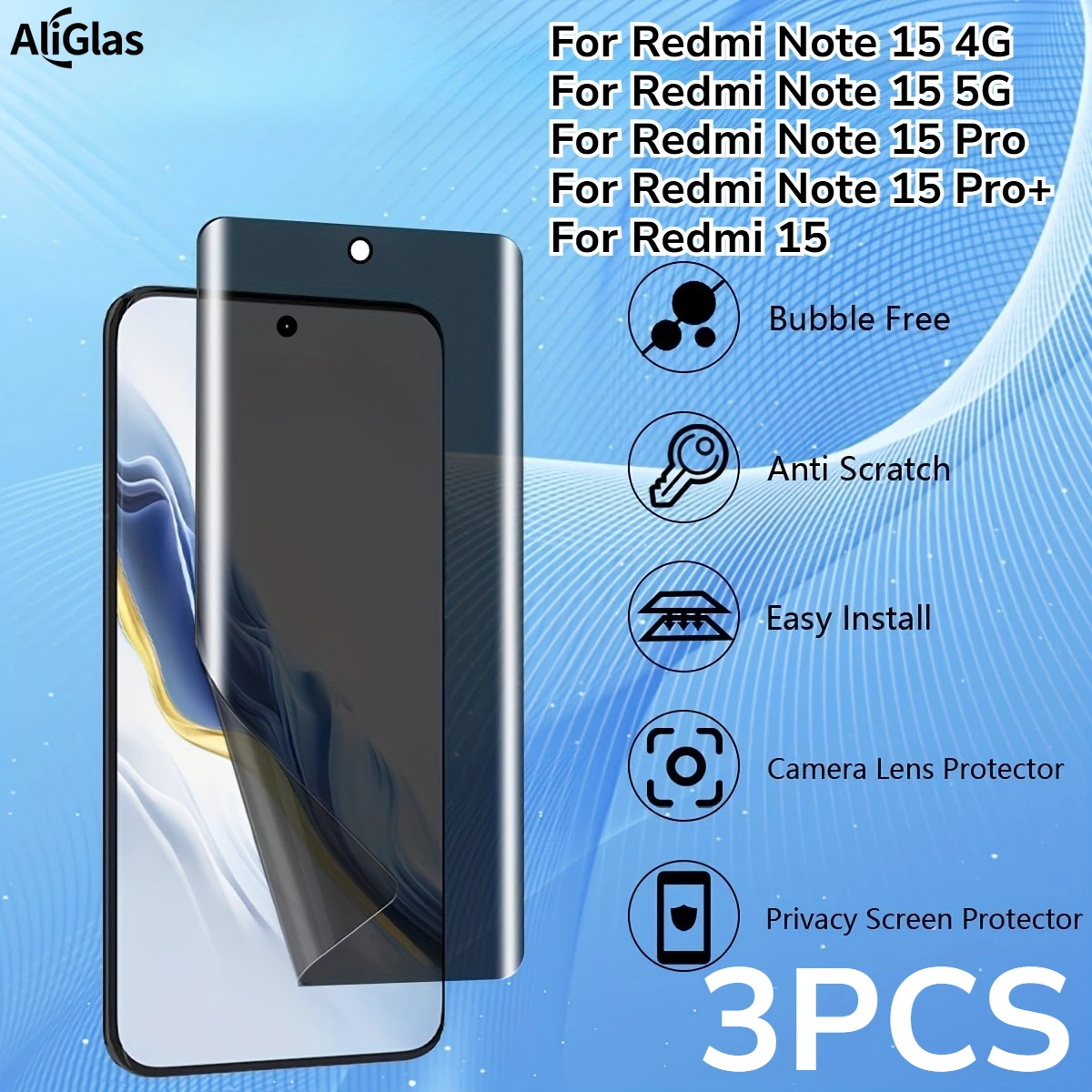 2 protectores de pantalla de hidrogel suave de privacidad/alta definición para Redmi Note 15 4G 5G películas antiespía para Redmi Note 15 Pro Plus