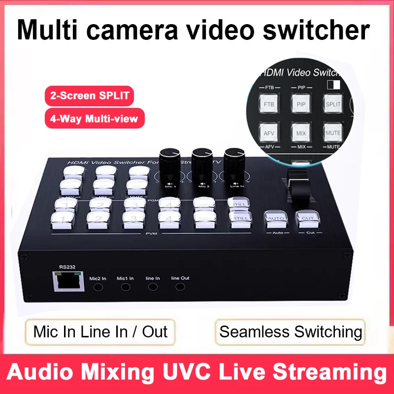 Conmutador de transmisión en vivo HDMI de 4 vías 4K, mezclador de Audio de 4 entradas y 2 salidas, múltiples cámaras en tiempo Real, soporte para transmisión en vivo, línea de entrada, salida, micrófono, PIP OBS - imagen 2