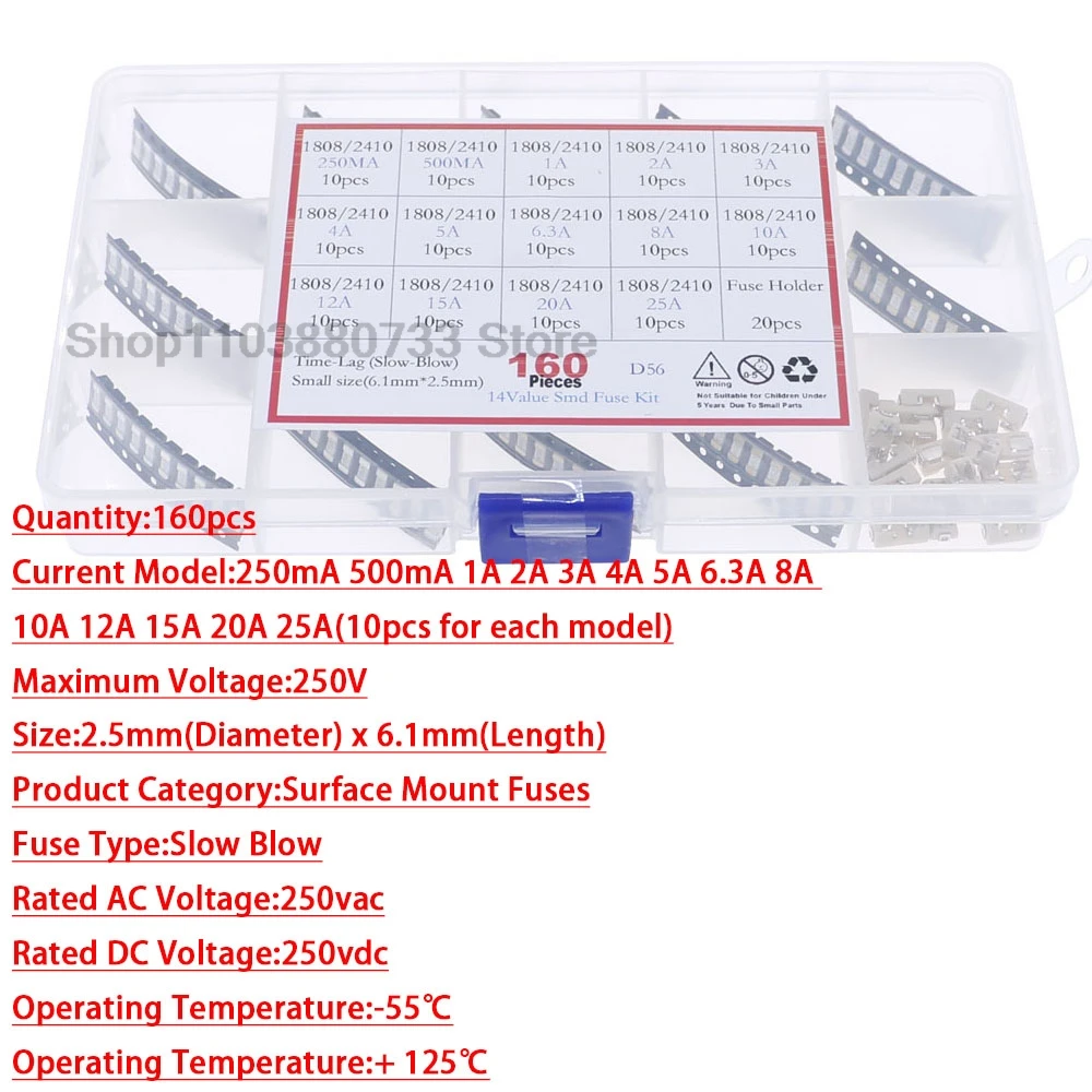 100% nuevo 160 Uds SMD Kit de tubo de fusible de soplado lento de cerámica 250V 1808 2410 6125 modelo de corriente 250ma 500ma 1a con portafusibles - imagen 2