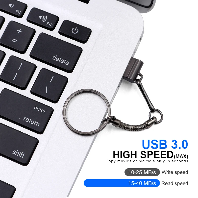 Mini unidad Flash USB 3,0 de alta velocidad, 16GB, 32GB, 64GB, 128GB, unidad colgante de Metal, unidad USB resistente al agua, bolígrafos de memoria con llavero - imagen 2