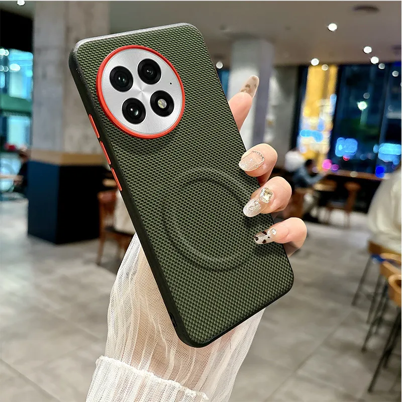 Para OnePlus 13 funda magnética ELVEV antihuellas anticaída dura PC tejido PU funda de teléfono de succión de cuero - imagen 3