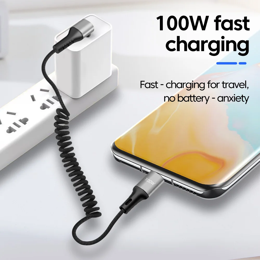 PD 100W tipo C a USB C Cable de carga rápida Cable de resorte de coche para iPhone 15 16 Samsung Xiaomi Huawei iPad 66W Cable USB tipo C - imagen 2