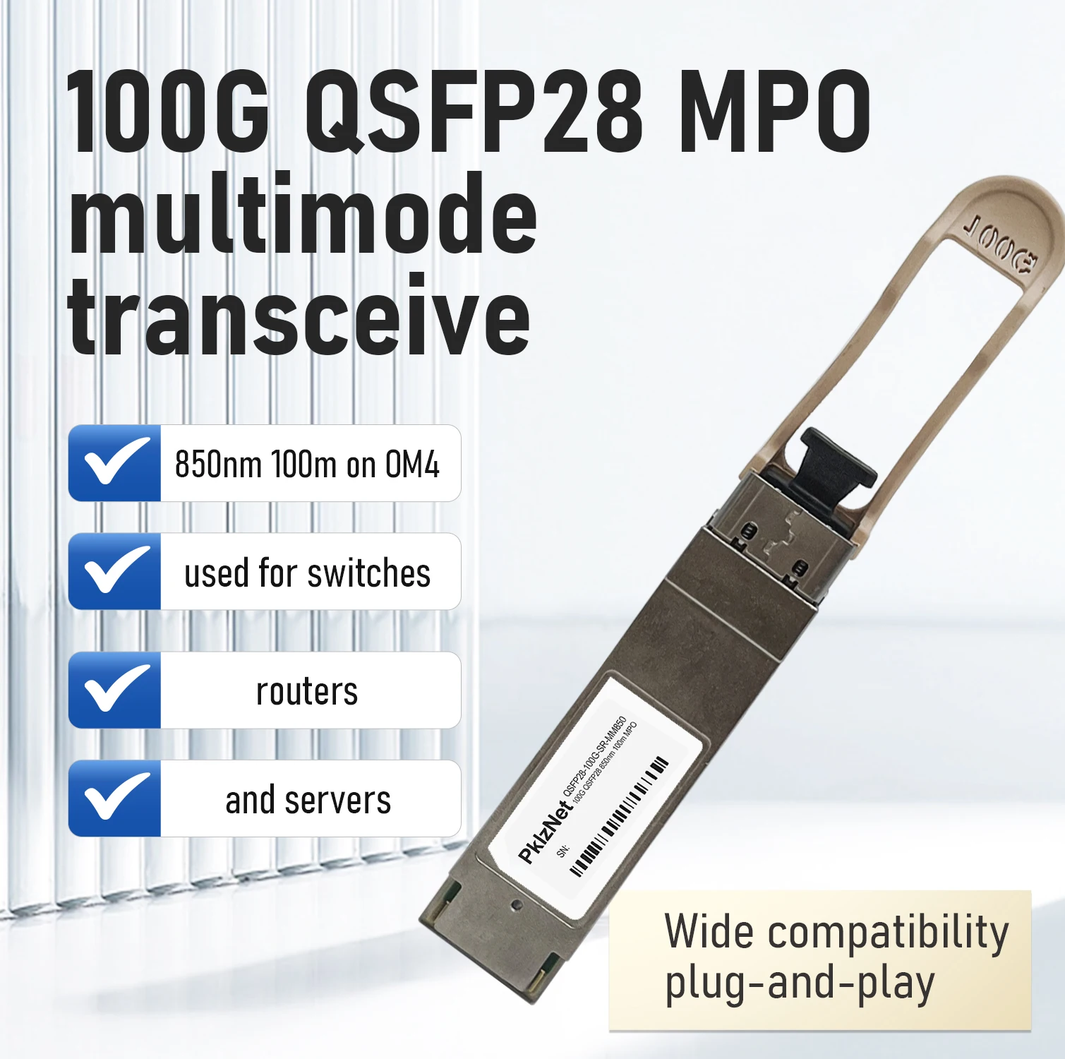 100G 850nm 100m en OM4 MPO QSFP28 Transceptor multimodo Amplia compatibilidad plug-and-play utilizado para interruptores, computadoras y servidores