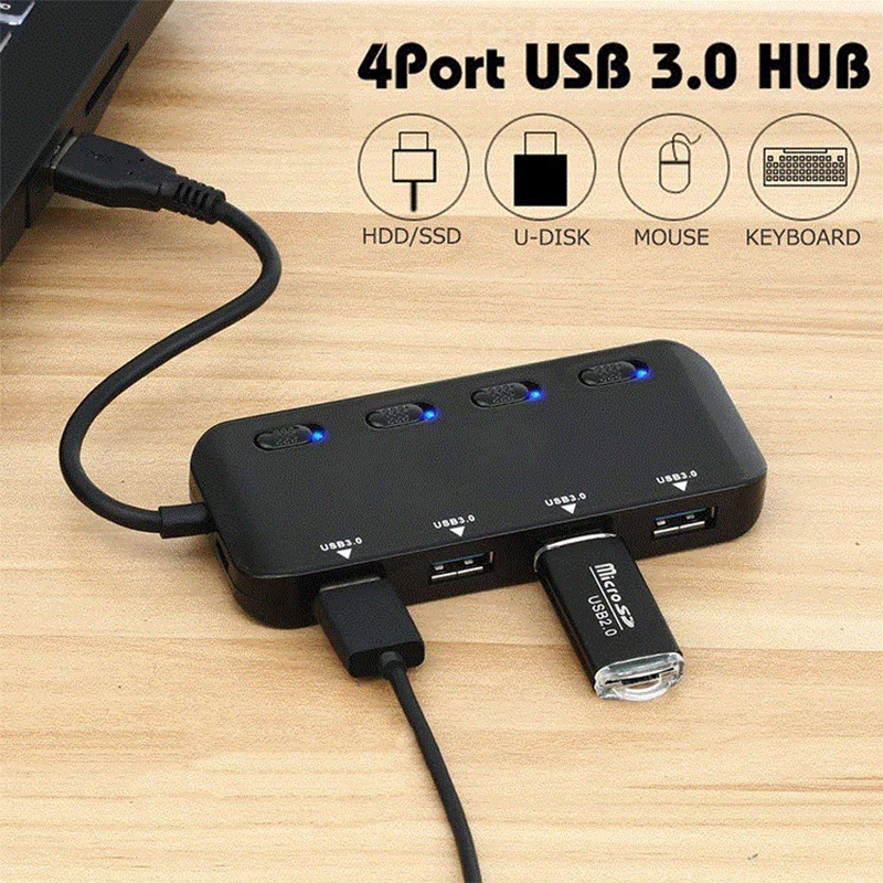 Hub USB 3,0 de 4 puertos, base de expansión múltiple de alta velocidad, divisor multi USB, extensor de interruptor independiente para PC y portátil - imagen 2