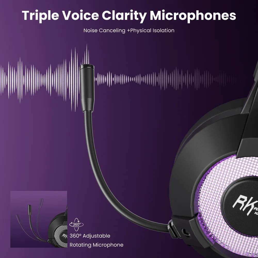 RK ROYAL KLUDGE E9000 auriculares para juegos por cable 30mW 50mm iluminación RGB 382G micrófonos supraaurales auriculares con enchufe de tres vías - imagen 4