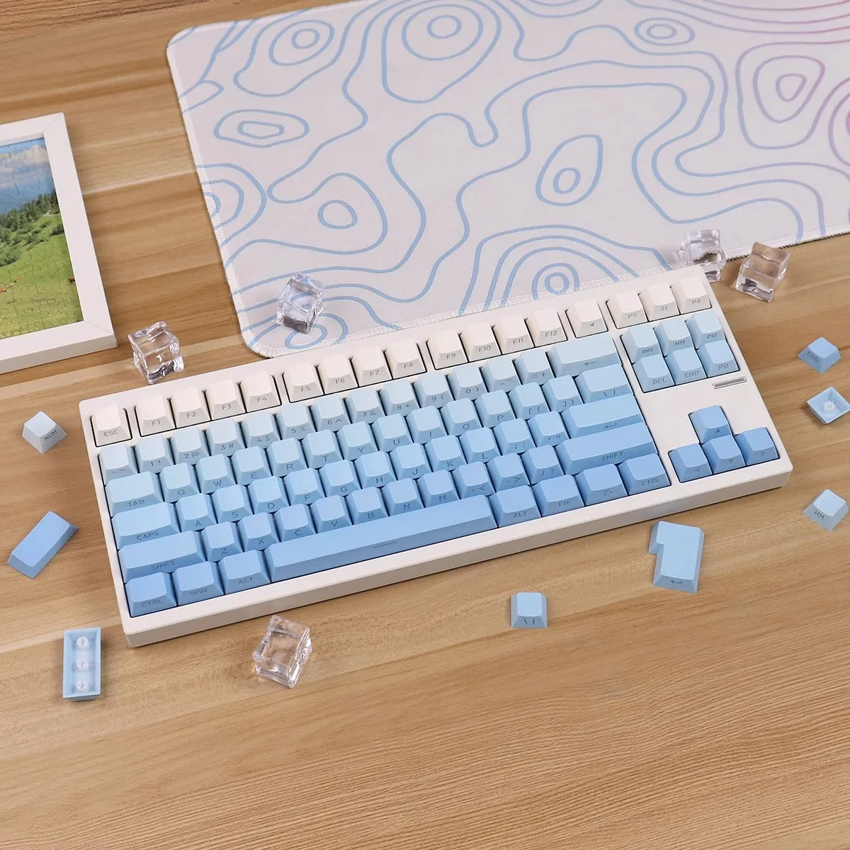 Teclas azules degradadas, teclas translúcidas con grabado lateral de tinte PBT, teclas de perfil de cereza con barra espaciadora 2.25U 2.75U 3U7U ISO Enter