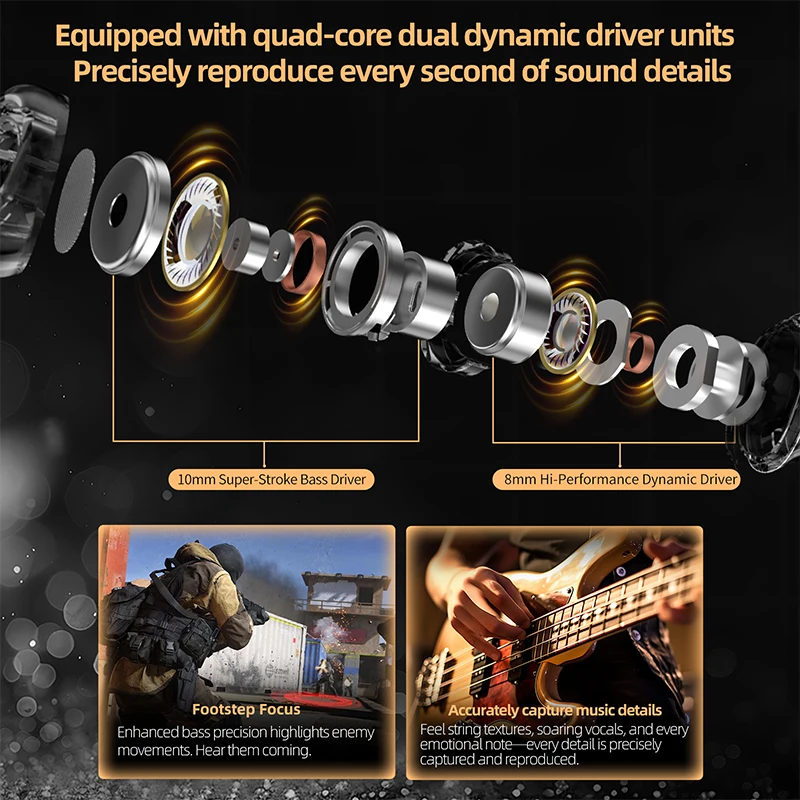 Auriculares KZ Duet con cable, auriculares con controladores dinámicos duales de cuatro núcleos, auriculares con cable, auriculares intrauditivos para juegos de música, sonido HiFi 2DD IEM - imagen 3