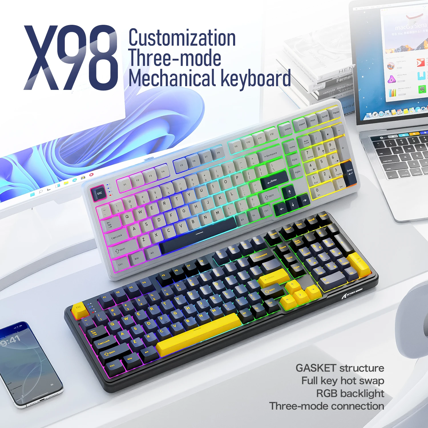 Teclado Bluetooth Attack Shark X98 con teclado numérico, teclas PBT RGB intercambiables en caliente de 102 teclas, batería de 4000mAh, compatible con PC/portátil - imagen 2