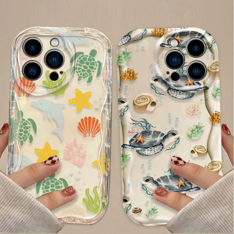 Funda blanda de dibujos animados de tortuga oceánica para iPhone 16 15 14 13 12 11 Pro Max X XR XS 8 7 Plus SE 2020, funda de silicona a prueba de golpes