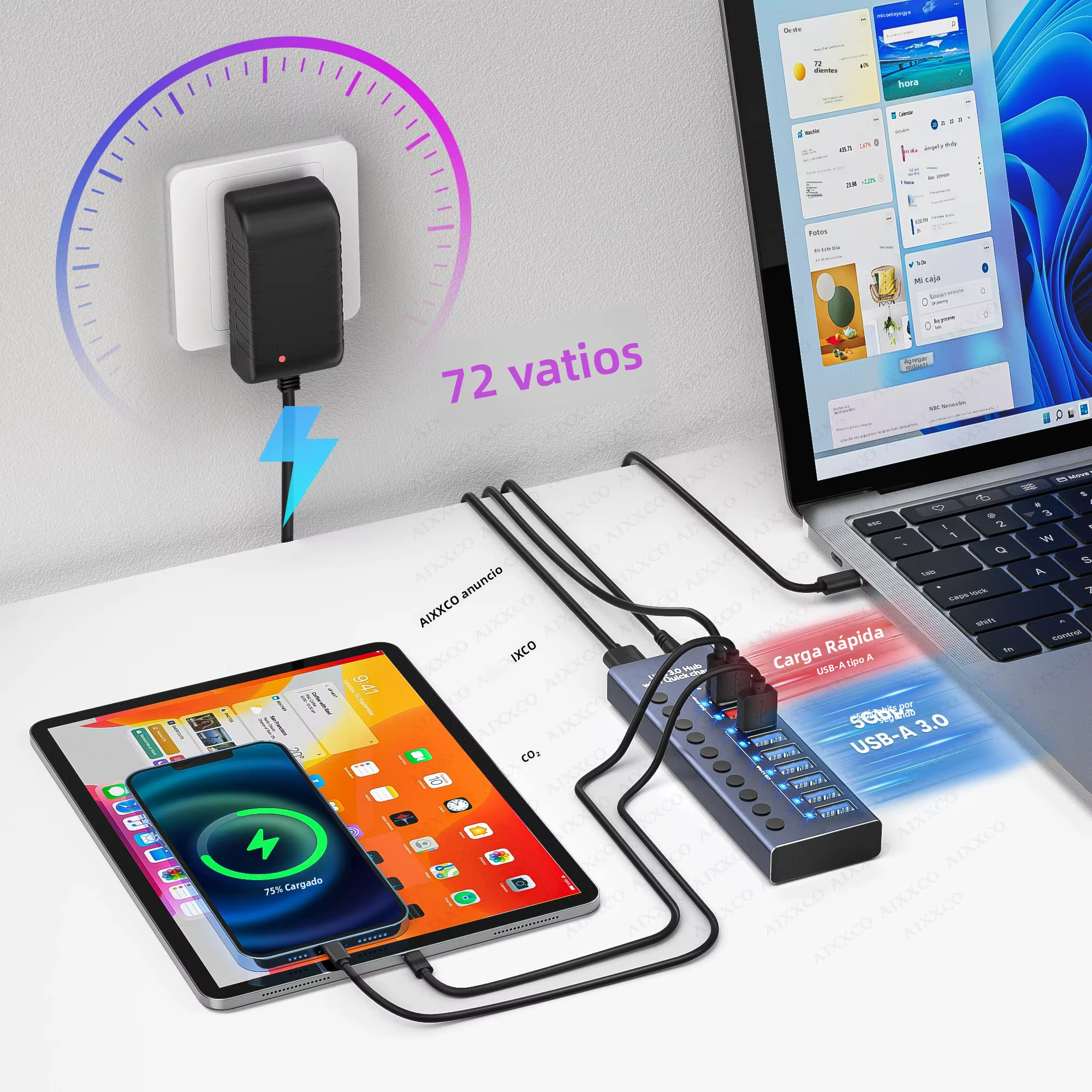 AIXXCO Hub USB 3.0 7 Puertos con Interruptor para MacBook - imagen 3