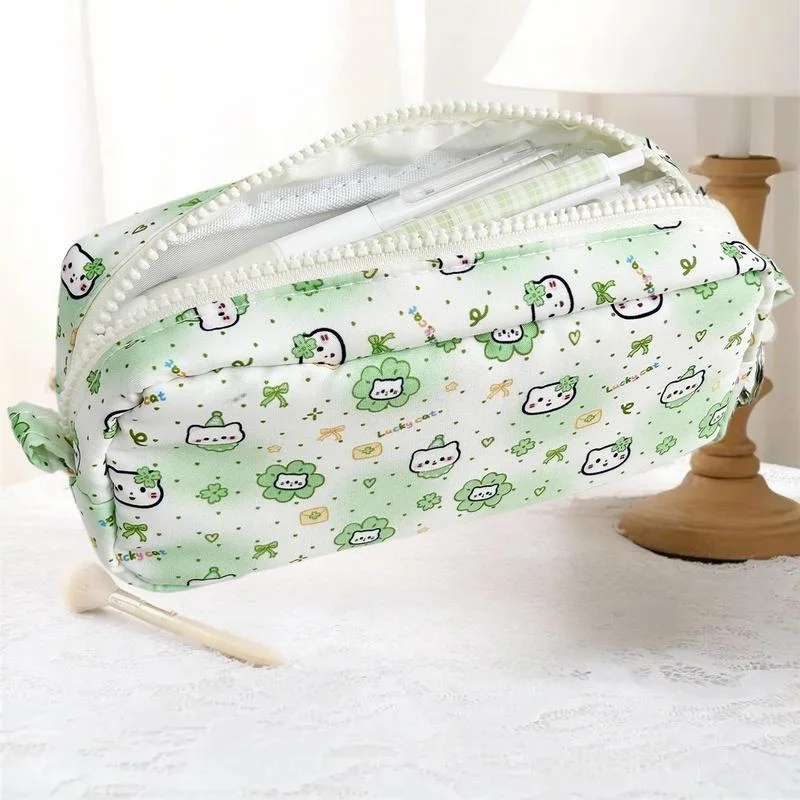 Estuche para lápices con estampado de gato y trébol de dibujos animados, bolsa de papelería para lápices Kawaii de gran capacidad, bolsa de almacenamiento portátil multifuncional - imagen 3