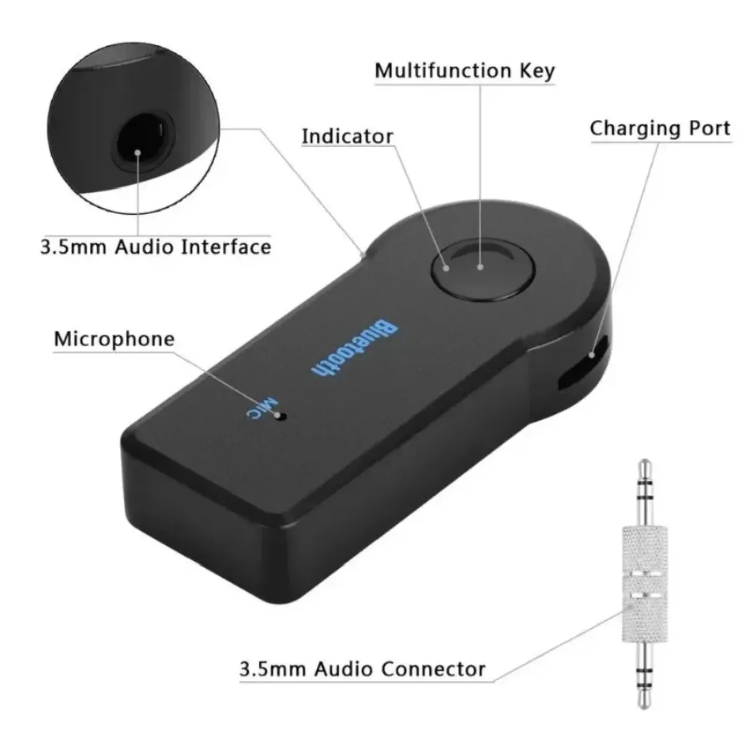 Receptor de Audio Bluetooth 5,0 para coche, 3,5mm, 3,5 conector auxiliar, música estéreo, transmisor de coche, amplificador de altavoz, adaptador inalámbrico con micrófono - imagen 2