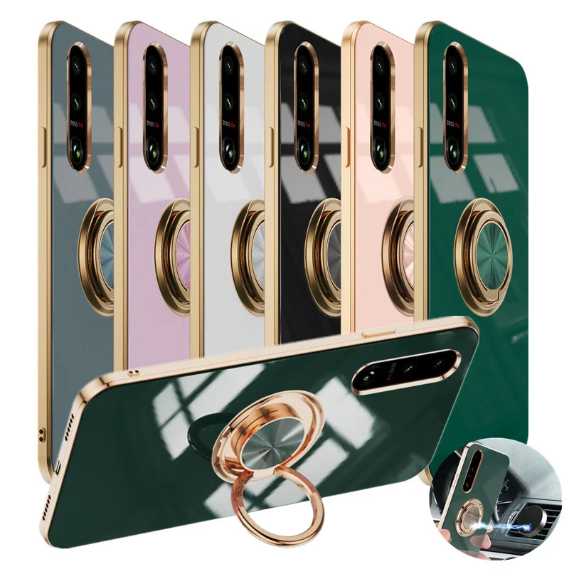 Funda de teléfono con soporte de anillo chapado a prueba de golpes para Sony Xperia 1, 10, VI, 5 V, IV, carcasa protectora