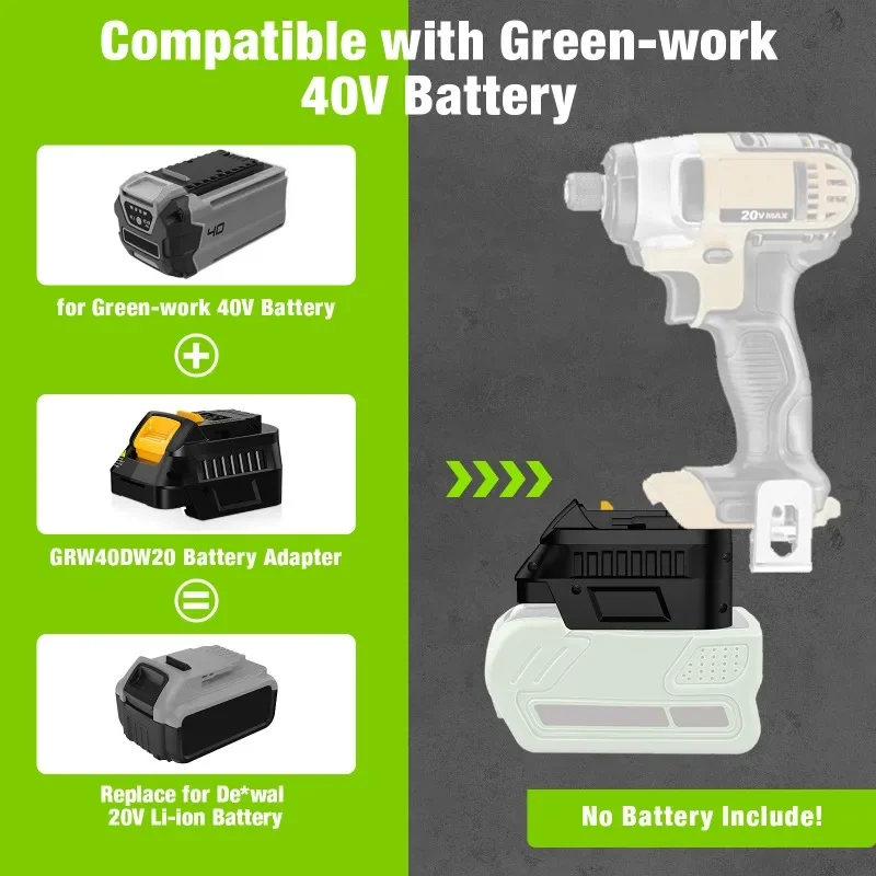 Para baterías Greenworks de 40V, adaptador de batería GRW40DW20 GRW40MIL18, conversión a herramienta eléctrica inalámbrica Dewalt/Milwaukee 18/20V - imagen 4