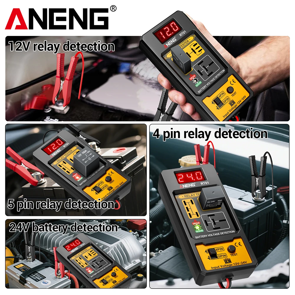 Probador de relé automático, probador de relé de coche, probador de voltaje ANENG RT01 11-25V, comprobador de batería de prueba LED, herramienta de reparación de analizador de relés de 4/5 pines - imagen 2