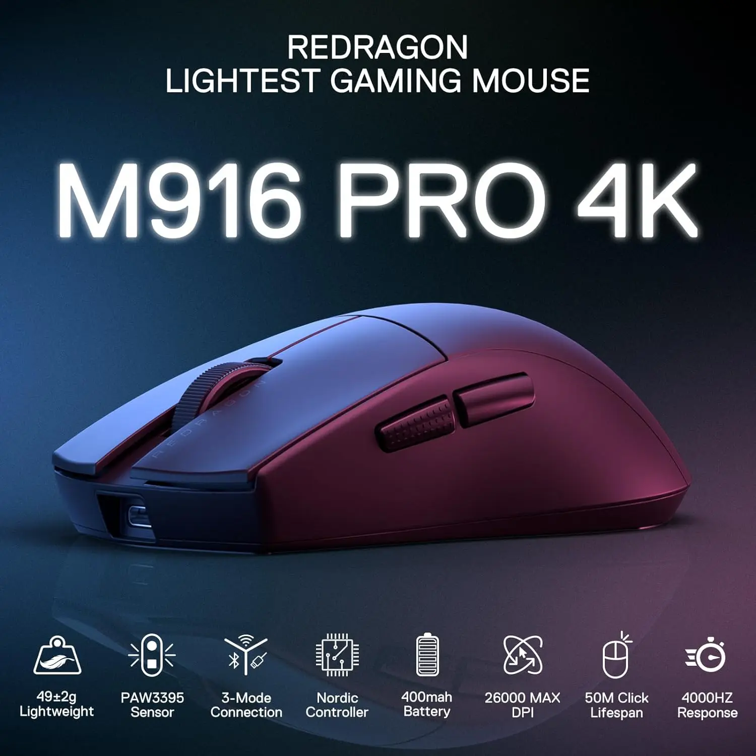 Redragon-ratón inalámbrico M916 PRO para juegos, dispositivo de 3 modos, velocidad exagerada, 4K, frecuencia de sondeo, 49G, ultraligero, 26K DPI - imagen 5