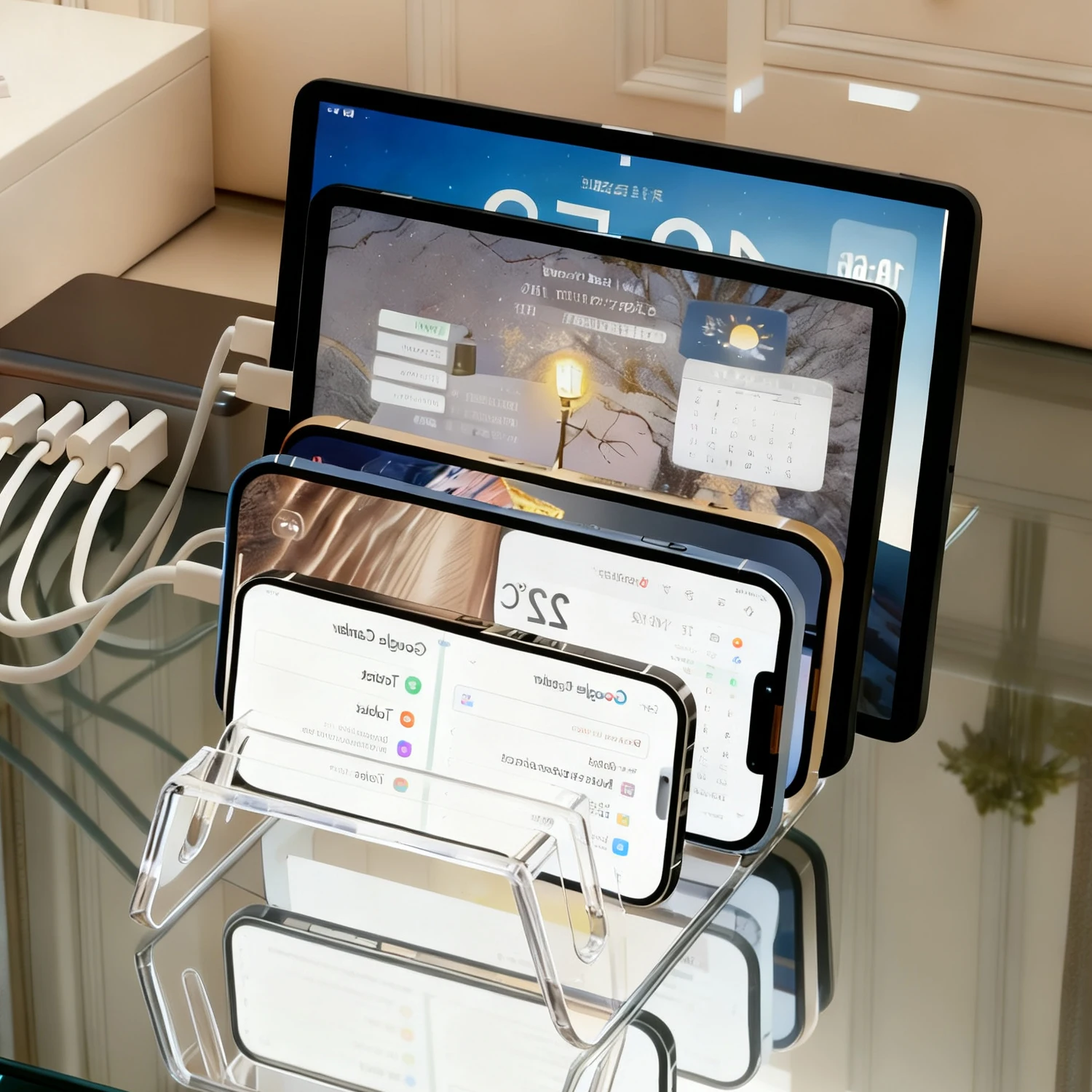 Soporte acrílico transparente para teléfono móvil, soporte de almacenamiento multipuerto para teléfono móvil, tableta, soporte perezoso, soportes de disipación de calor - imagen 2