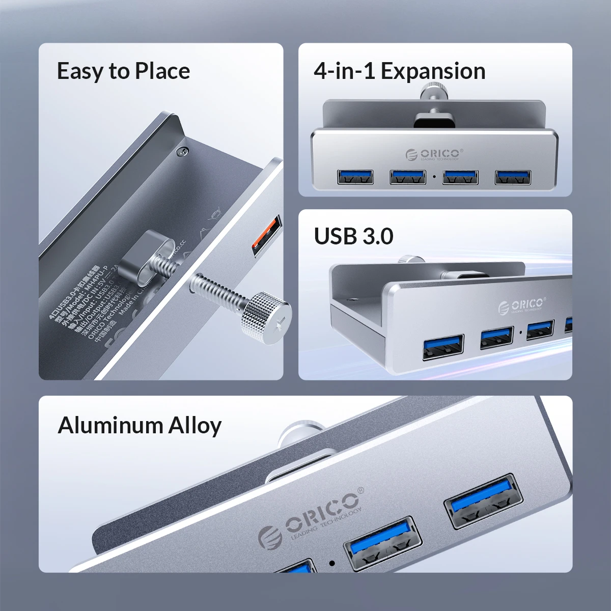 ORICO MH4PU 5GBPS Hub de transmisión de datos de aluminio 4 puertos USB 3,0 Clip HUB con fuente de alimentación de alta velocidad para MAC OS PC - imagen 3