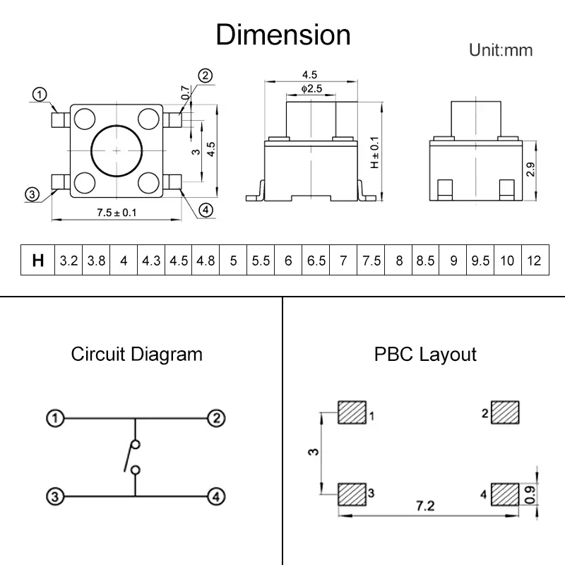 50 Uds 4,5*4,5*4/5/6/7/8/9/10/12mm interruptor de botón táctil momentáneo encendido apagado 4 pines SMD SMT microinterruptor conjunto electrónico - imagen 5