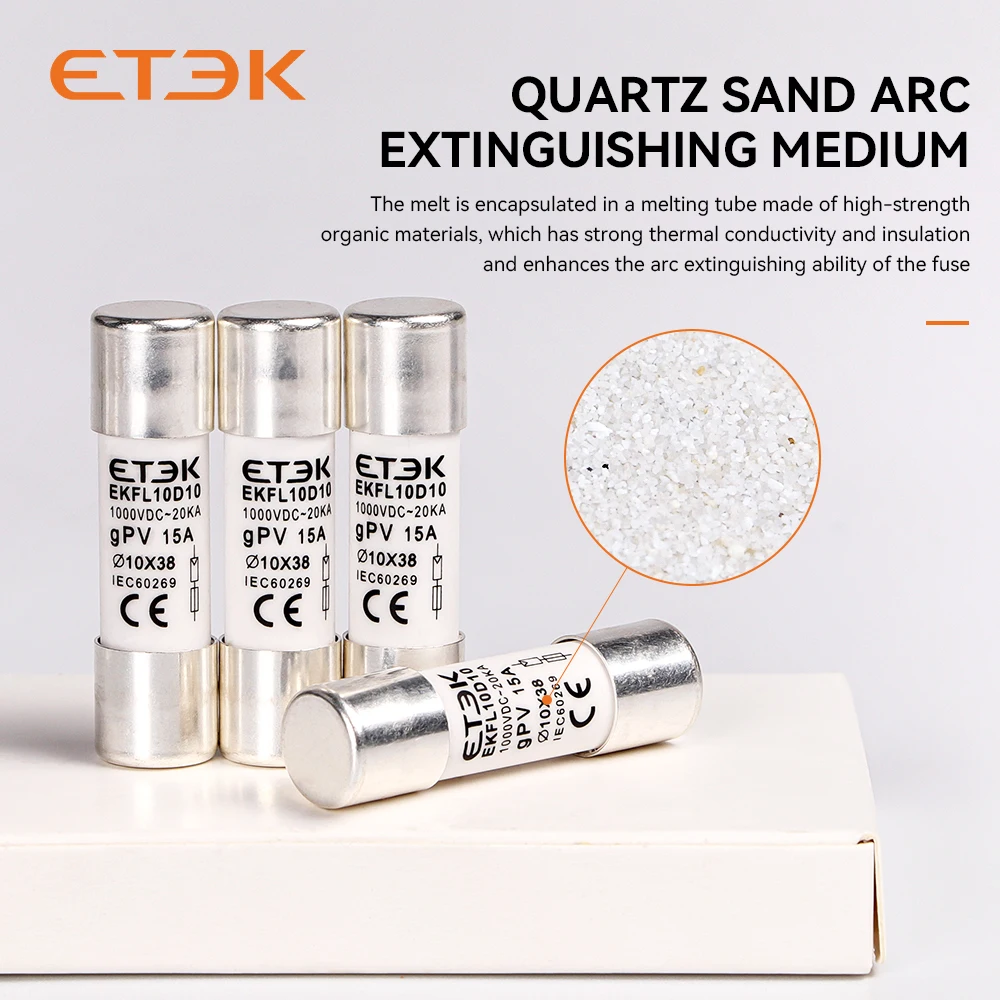 ETEK-fusibles solares para protección de Sistema Solar, fusible GPV de cerámica de 15a, 20a, 25a, 10x38mm, CC de 1000V, para EKFL-10D - imagen 2