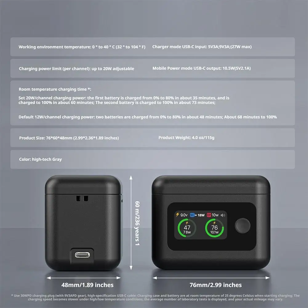 Hub de carga rápida inteligente de 27W con pantalla LED para Insta 360 X5, caja de carga rápida, estuche de almacenamiento para cargador de batería de carga de doble ranura - imagen 4