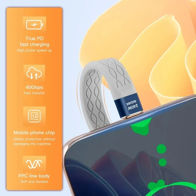 Cable corto USB C a USB C de 240W y 40GB, Cable de carga rápida tipo C, transferencia de datos de 40Gbps, Cable de extensión de carga de datos FPC plano y delgado de 8K - imagen 4