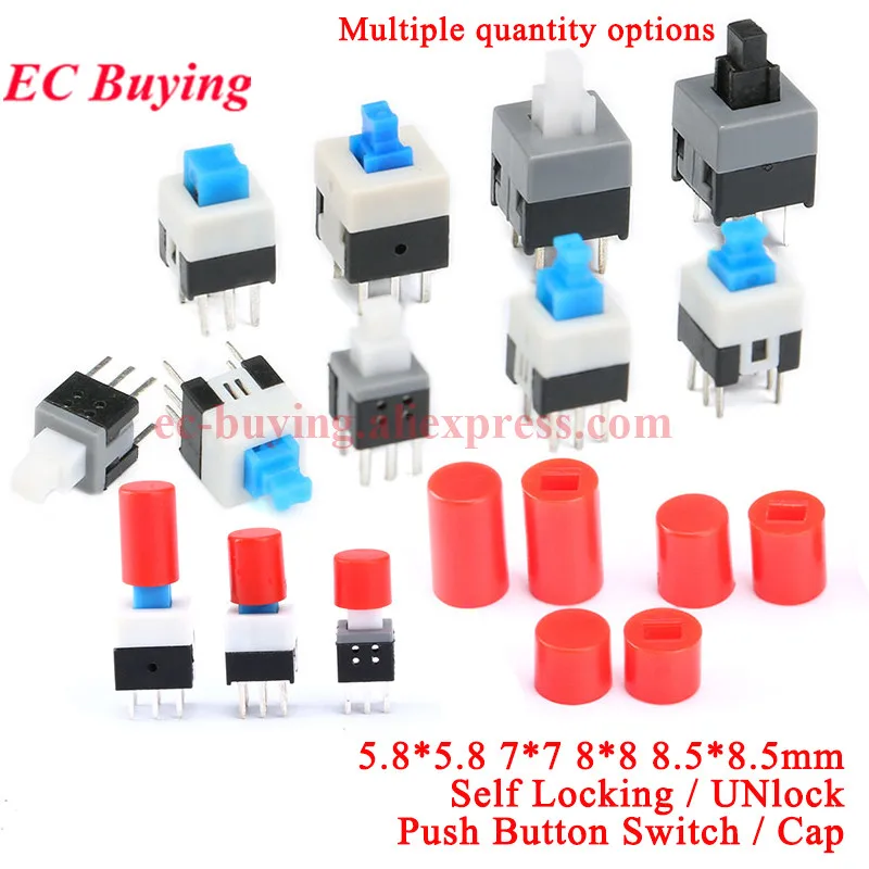 10-100 Uds 5,8x5,8 7x7 8x8 8,5x8,5mm bloqueo automático desbloqueo sin bloqueo empuje táctil Micro interruptor de alimentación interruptores de botón de 6 pines tapa de 7X7mm