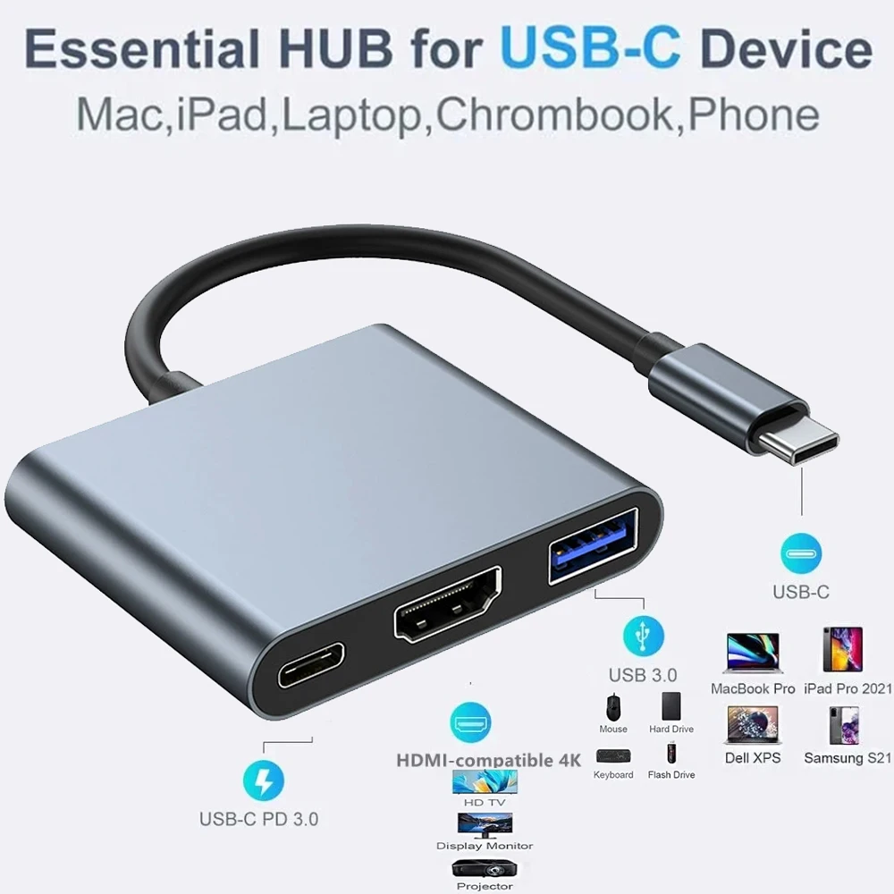 FDBRO-Hub Usb-C 3 en 1 a HDMI, concentrador divisor 4k compatible con 3,1 tipo C a Usb 3,0, adaptador de carga para Macbook Air Converter - imagen 5